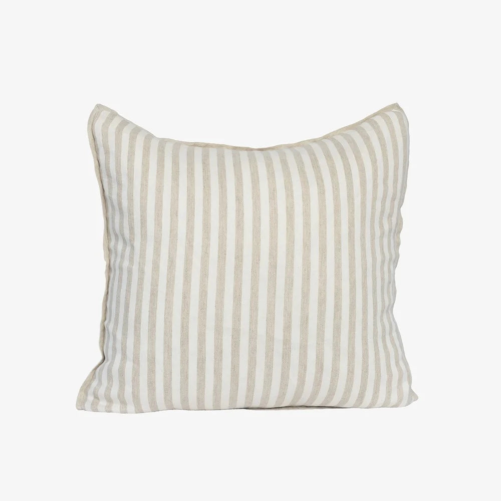 A square throw pillow with vertical stripes in beige and off-white, shown against a plain light gray background.