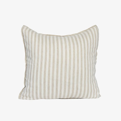 A square throw pillow with vertical stripes in beige and off-white, shown against a plain light gray background.