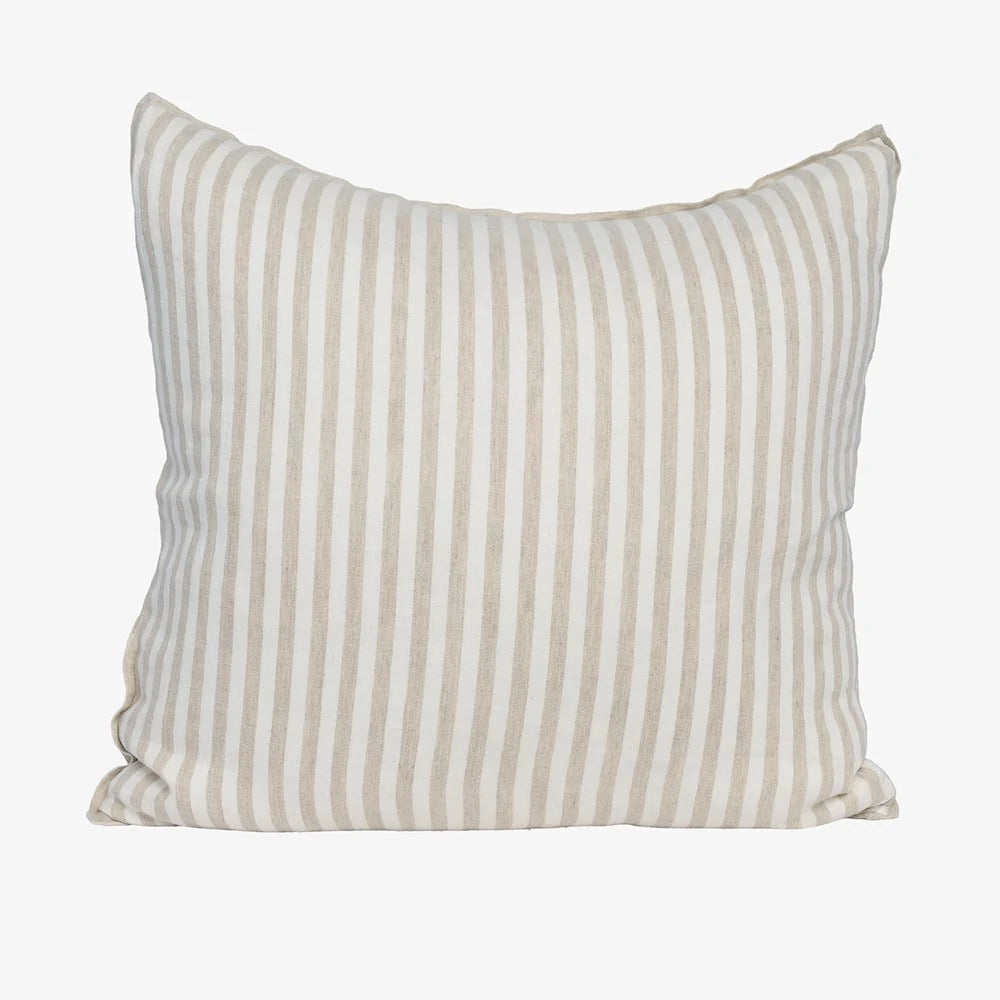 A square throw pillow with vertical stripes in cream and light taupe, shown against a plain light gray background.