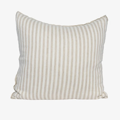 A square throw pillow with vertical stripes in cream and light taupe, shown against a plain light gray background.