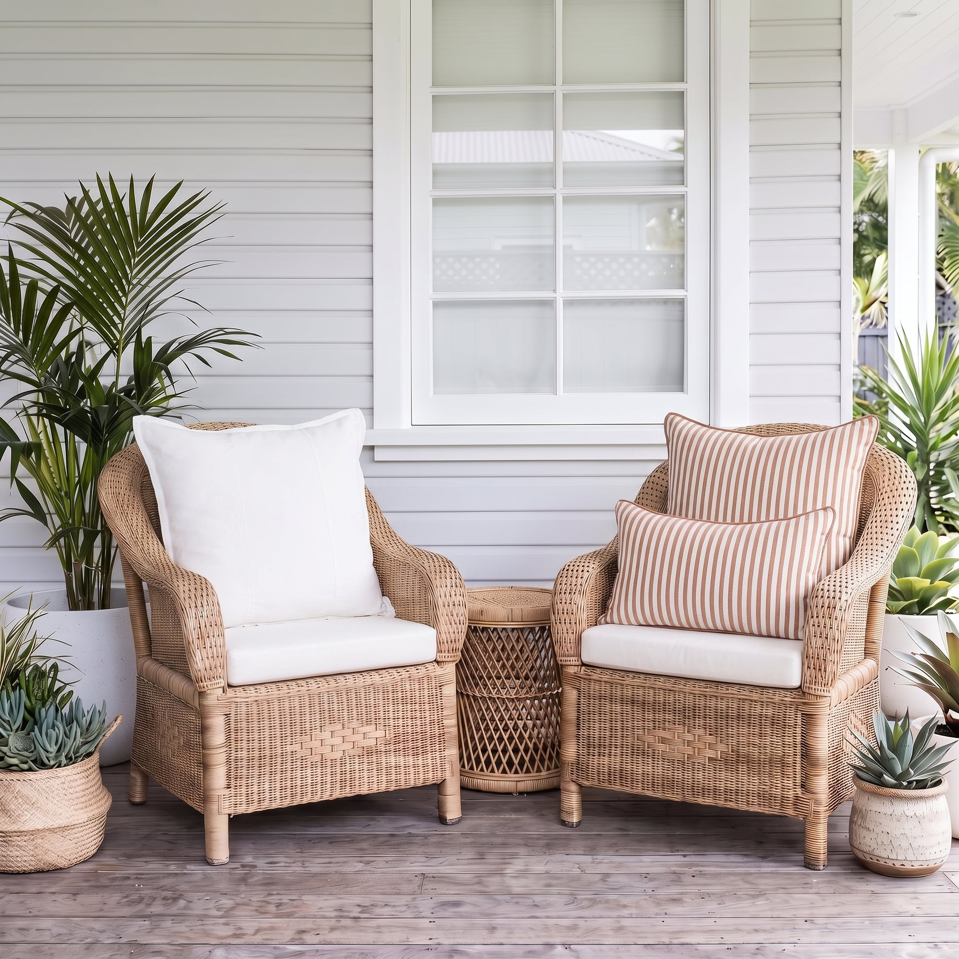 Two woven rattan outdoor armchairs with white and striped cushions, arranged on a porch beside potted plants and a window.