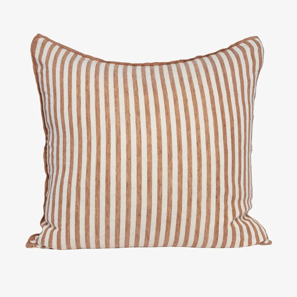 A square throw pillow with vertical stripes in a warm terracotta brown and off-white, shown against a plain light gray background.