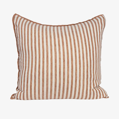 A square throw pillow with vertical stripes in a warm terracotta brown and off-white, shown against a plain light gray background.