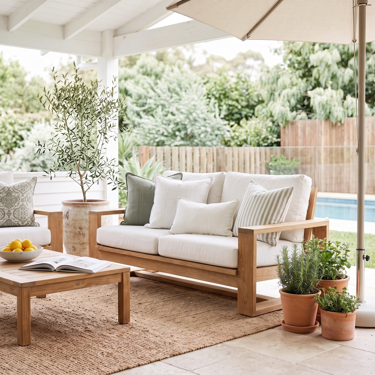 A wooden outdoor loveseat with off-white cushions, styled on a patio with a matching coffee table, potted plants, and a patio umbrella in a backyard setting.