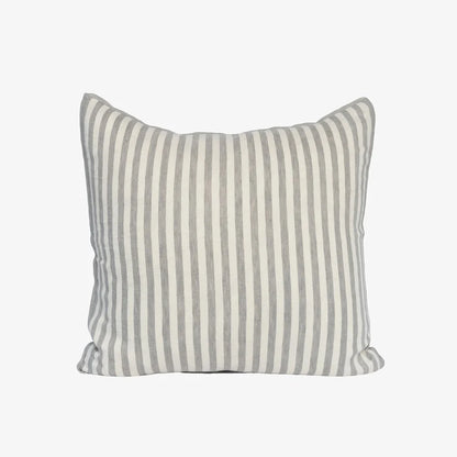 A square throw pillow with vertical sage green and off-white stripes, shown against a plain light gray background.