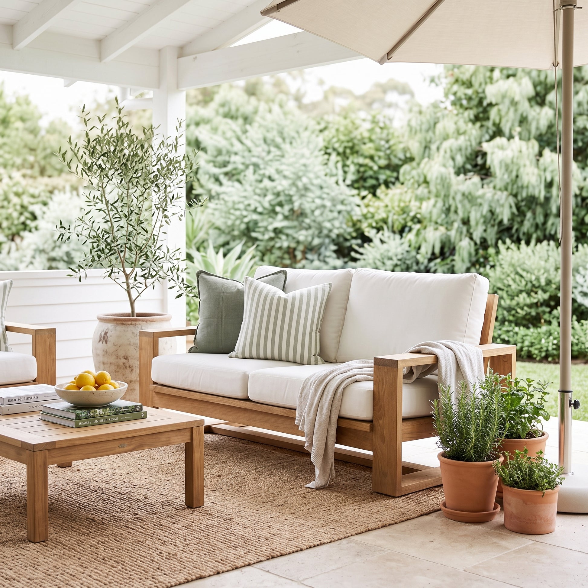 A wooden outdoor loveseat with off-white cushions and striped pillows, styled on a covered patio with a matching coffee table, potted plants, and a beige umbrella.