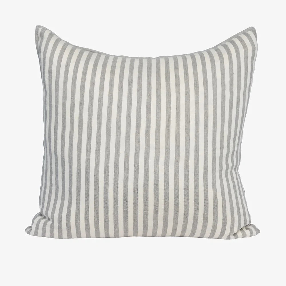 A square throw pillow with vertical green and off-white stripes, shown against a plain light gray background.