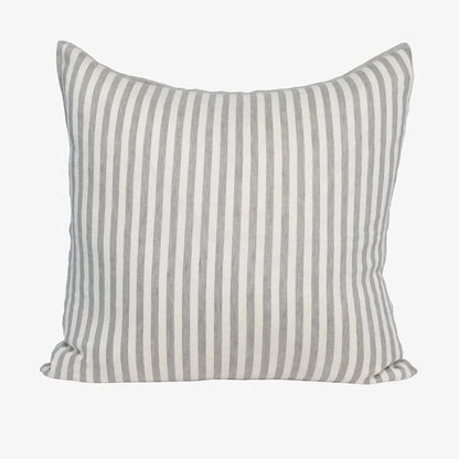 A square throw pillow with vertical green and off-white stripes, shown against a plain light gray background.