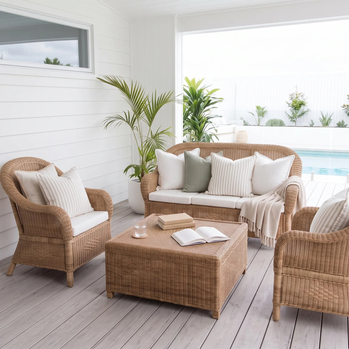 A coordinated outdoor seating set on a light wood deck, including two woven armchairs, a woven loveseat with cream cushions and pillows, a matching woven coffee table, and a potted palm in a bright patio setting.