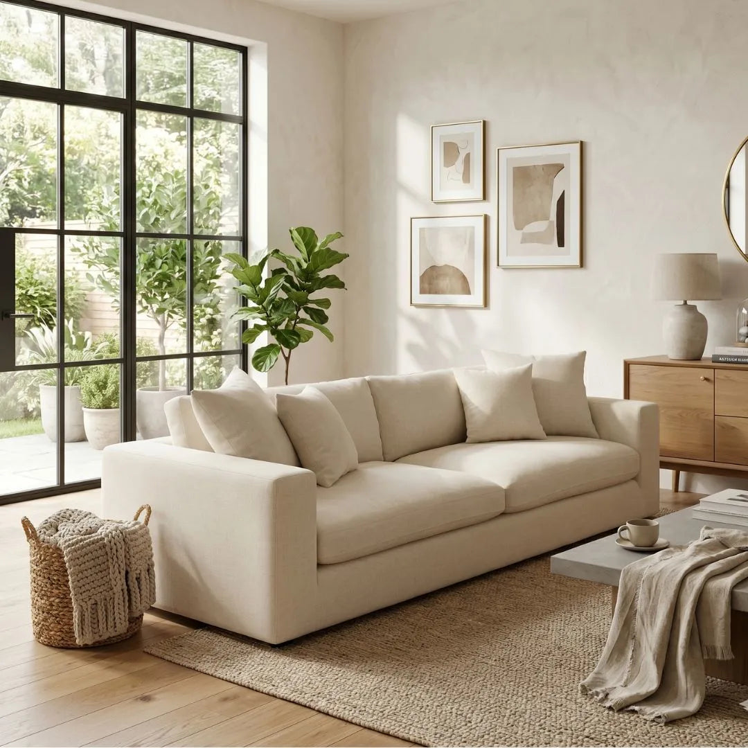 Beige sofa in a living room with large windows, plants, and decor.