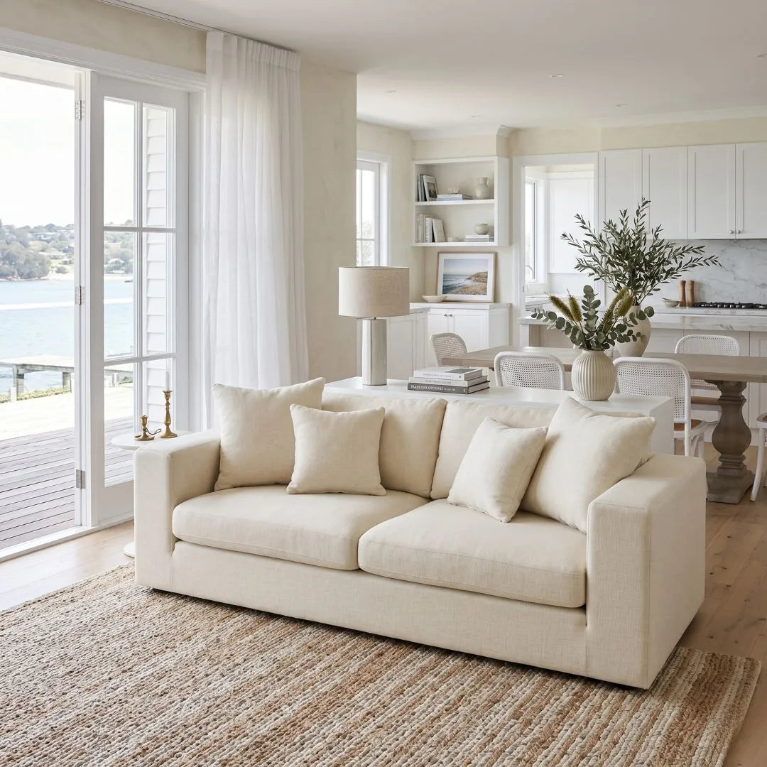 Beige sofa in a modern living room with large windows and a view of water.