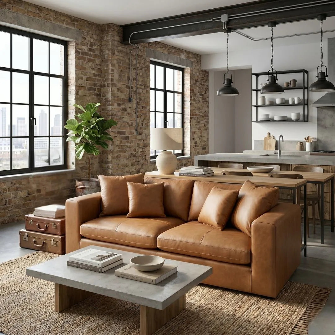 Modern living room with brown leather sofa, coffee table, and kitchen in the background.