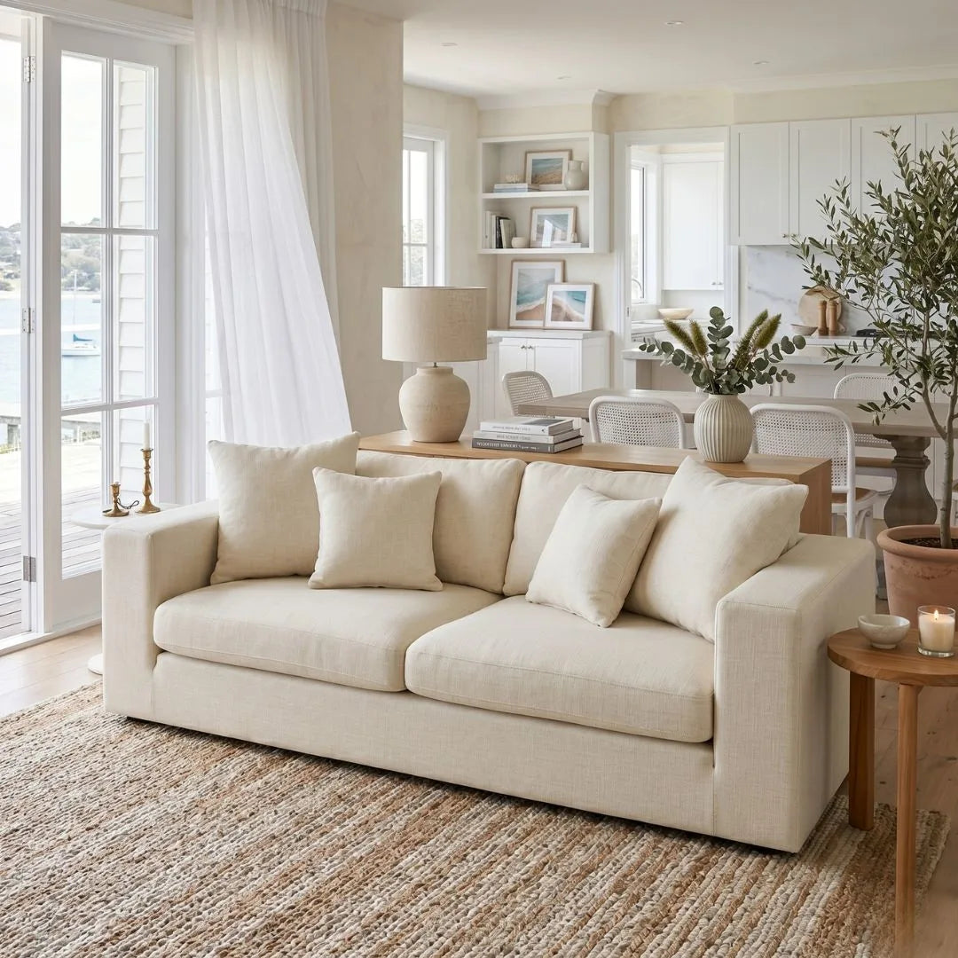 Beige sofa in a bright living room with decor elements