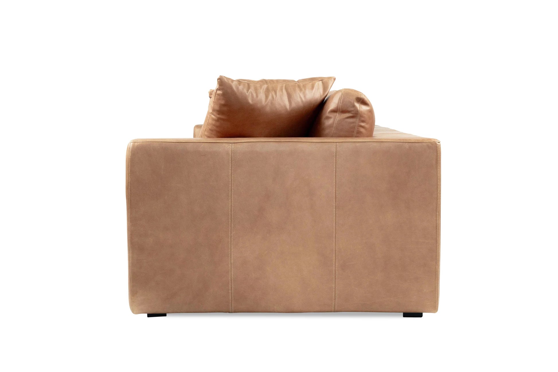 Brown leather sofa with two cushions on a white background