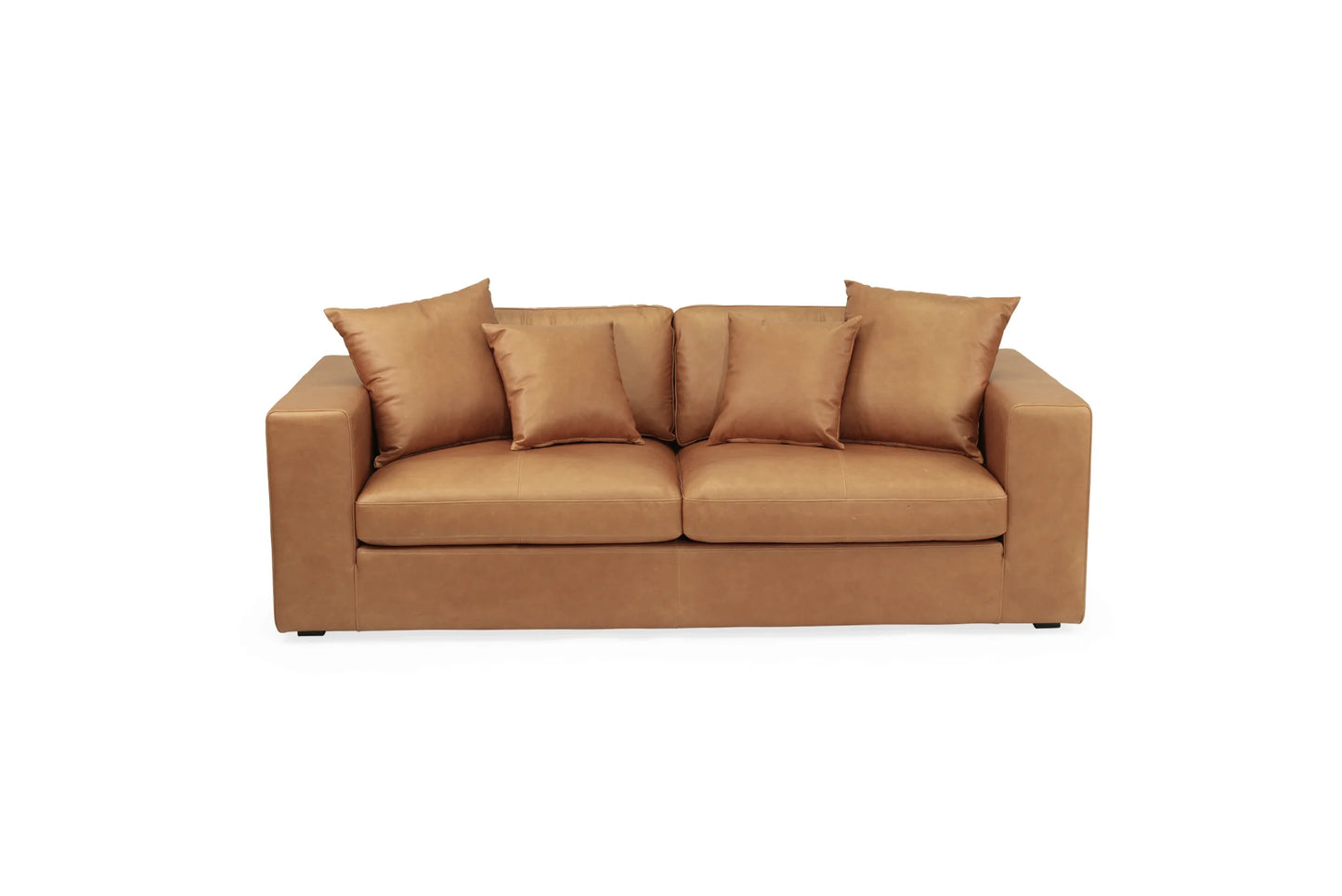 Tan brown saddle leather sofa with cushions on a white background from Sun Republic