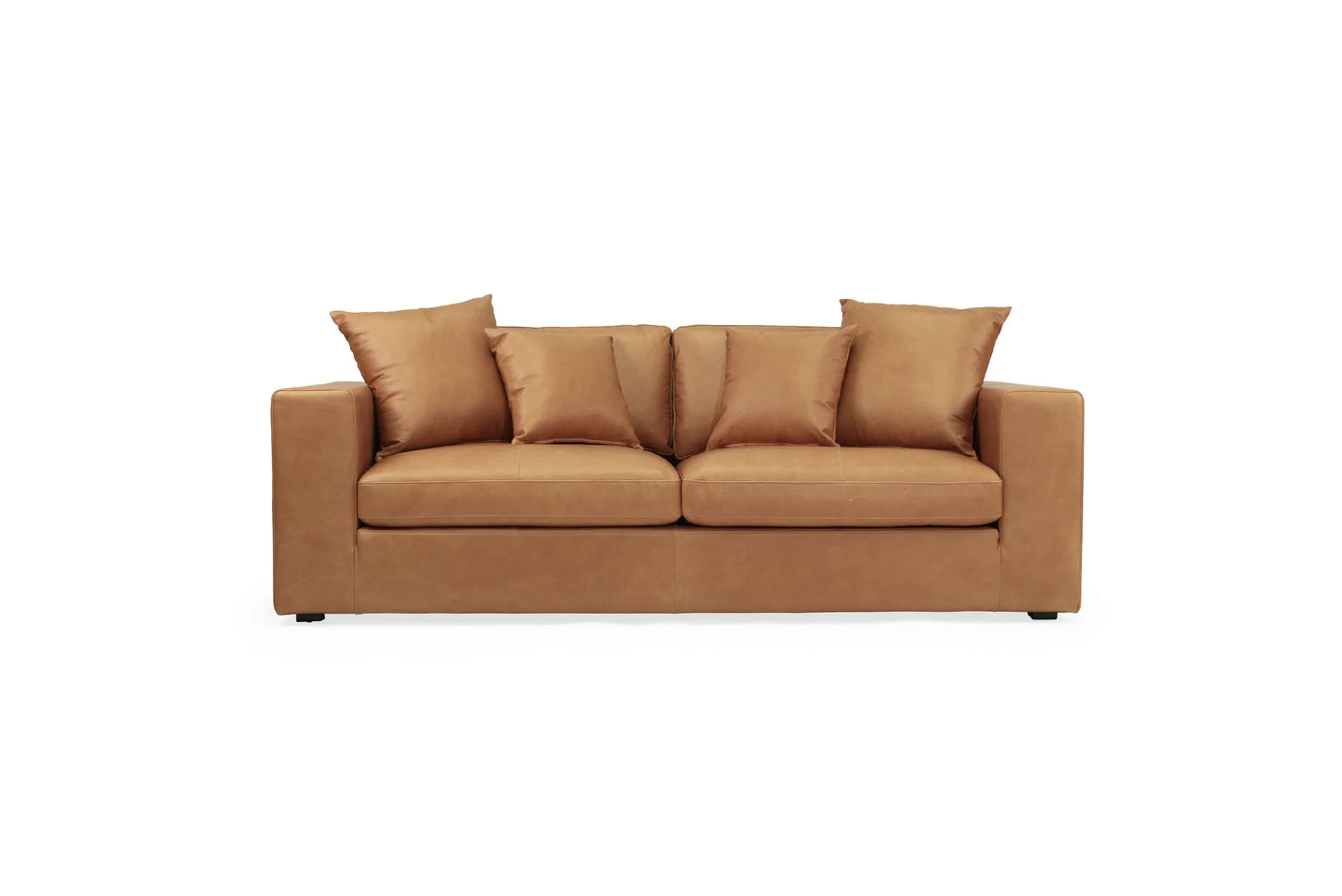 Tan brown saddle leather sofa with cushions on a white background from Sun Republic