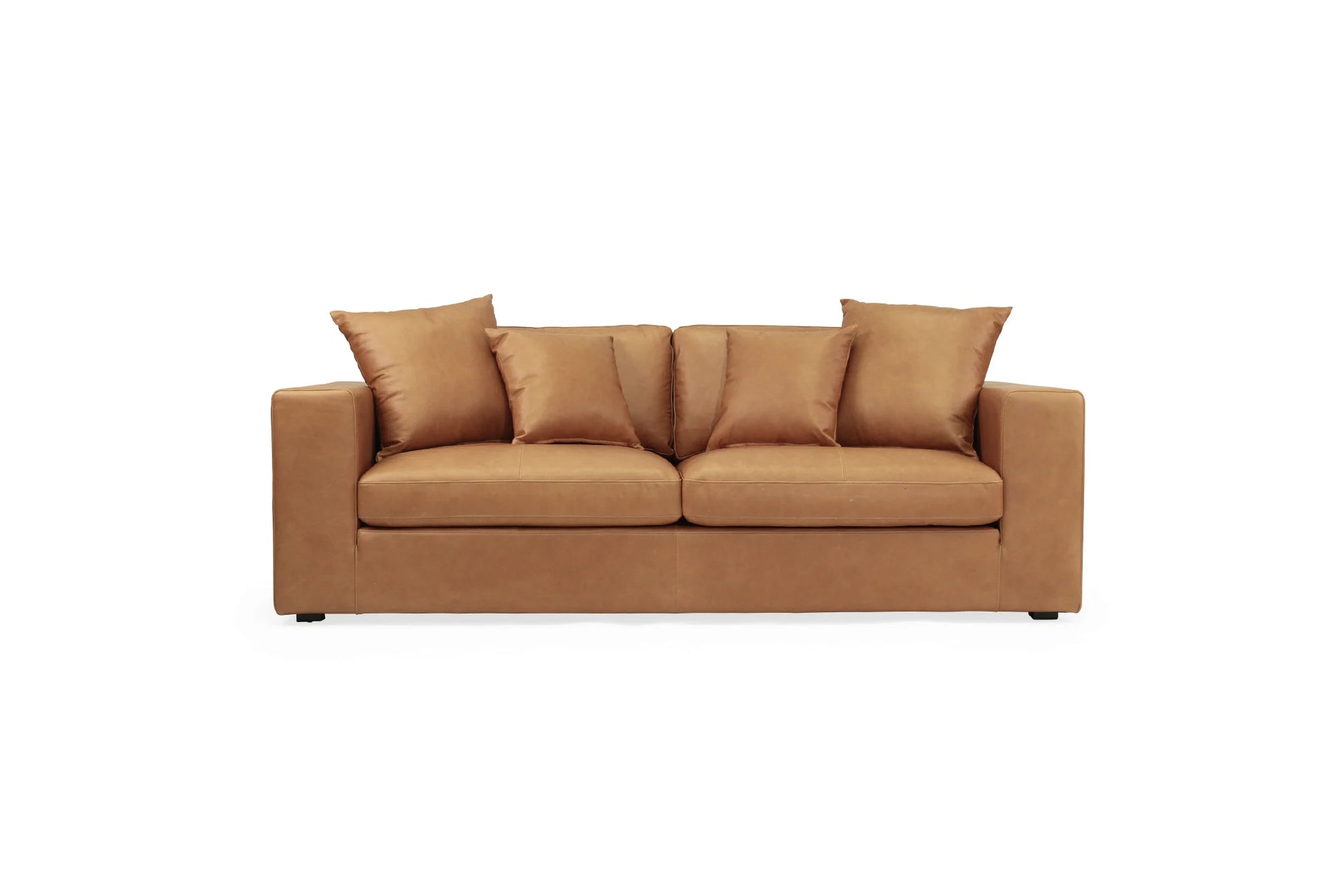 Tan brown saddle leather sofa with cushions on a white background from Sun Republic