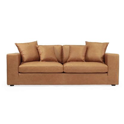 Tan brown saddle leather sofa with cushions on a white background from Sun Republic