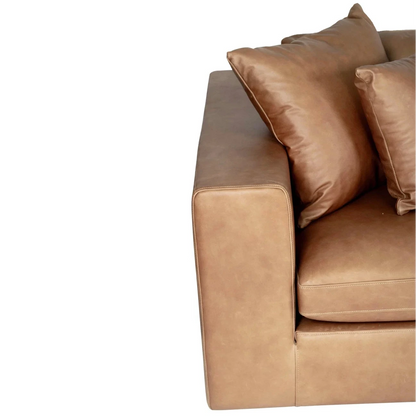 Brown leather sofa with two cushions on a white background