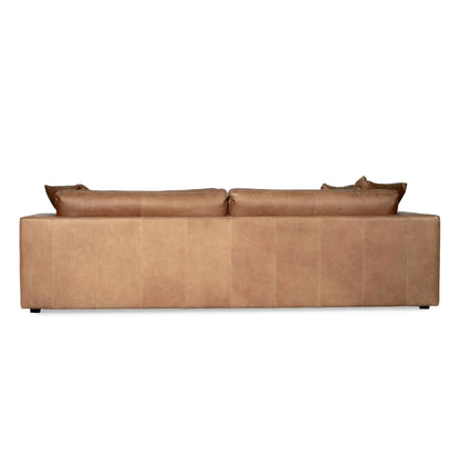Tan brown saddle leather sofa with cushions on a white background from Sun Republic