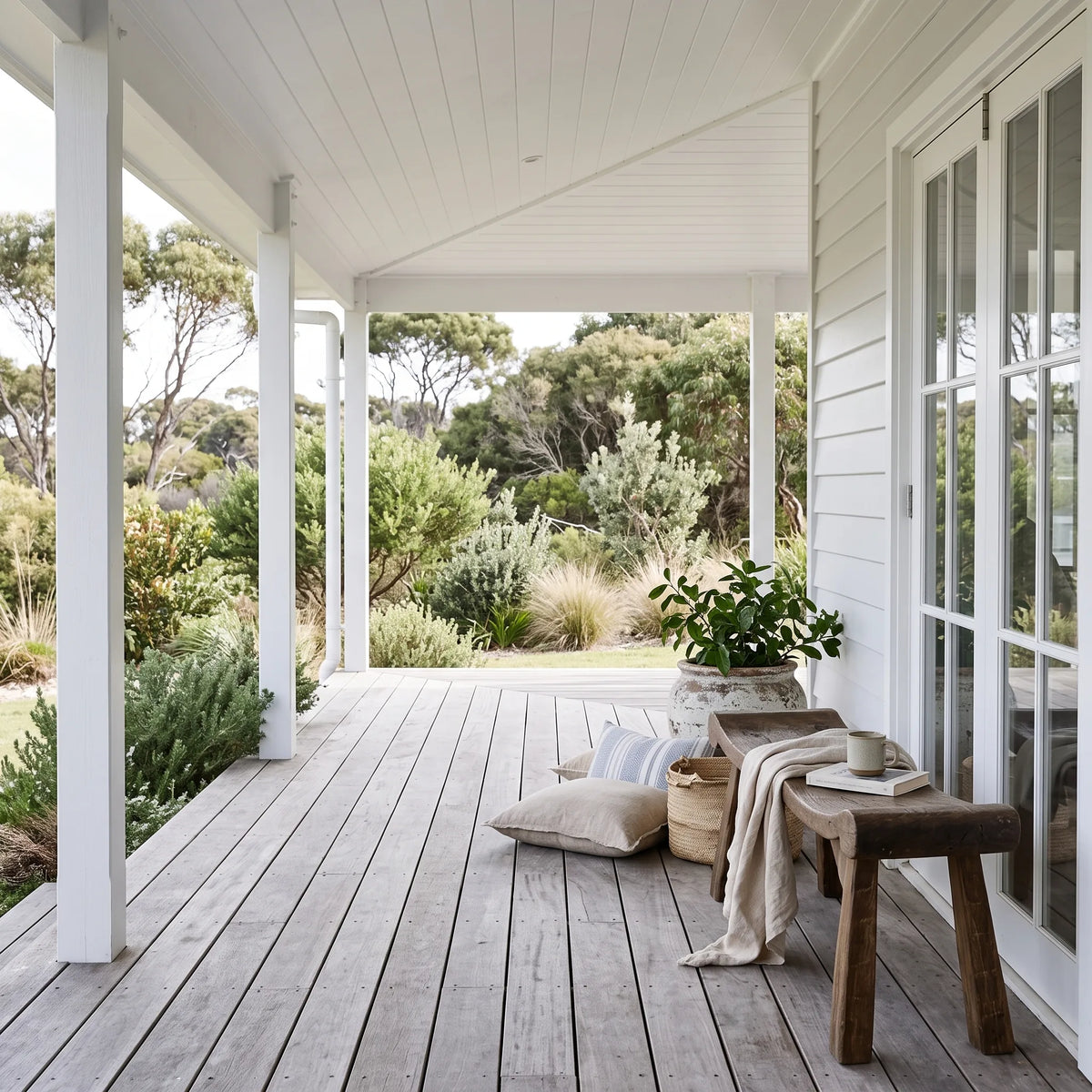 A rustic wooden bench with a draped cream throw blanket sits on a weathered gray wooden porch, styled with neutral pillows, a potted green plant, and a small white cup. The porch features white columns and white siding, overlooking a lush green garden.