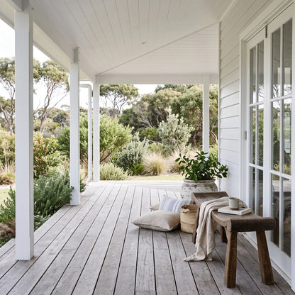 A rustic wooden bench with a draped cream throw blanket sits on a weathered gray wooden porch, styled with neutral pillows, a potted green plant, and a small white cup. The porch features white columns and white siding, overlooking a lush green garden.