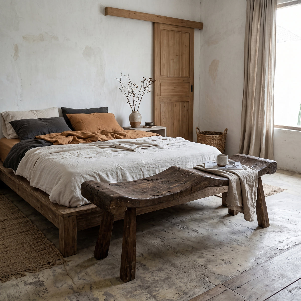 A rustic wooden platform bed with white and rust-colored bedding, styled in a minimalist bohemian bedroom with a matching wooden bench at the foot of the bed, a distressed wooden door, and textured plaster walls.