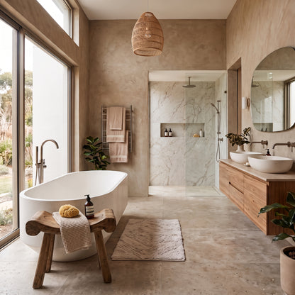 A modern bathroom interior with a white freestanding bathtub in the foreground, a wood vanity with white sinks, a glass shower enclosure, and large windows with outdoor views. No person or animal is present, but this is still a real environment rather than a clean studio product shot, so subject_type is Lifestyle.