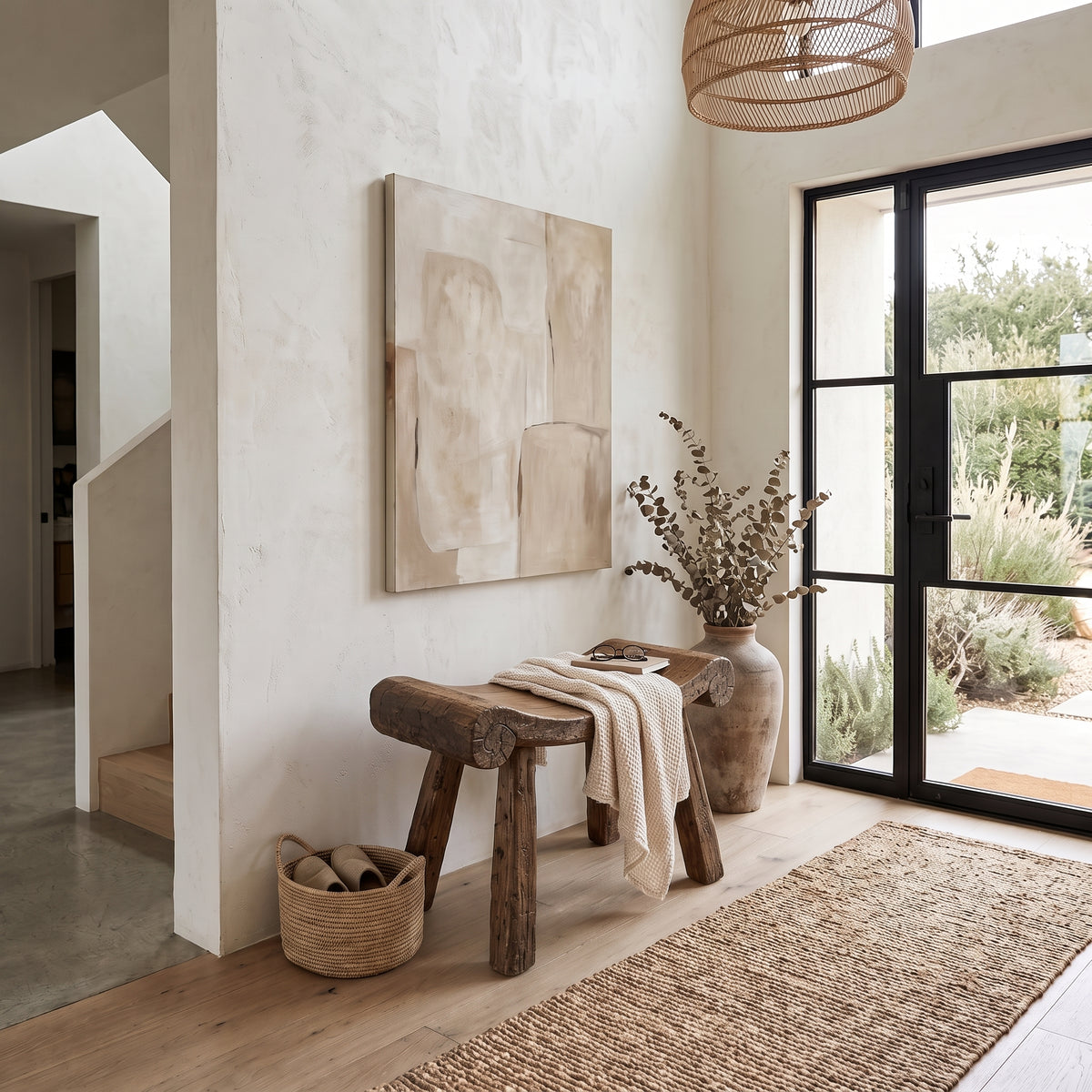 A styled interior entryway with a rustic wooden bench, a large abstract canvas painting on a textured off-white wall, a woven rattan pendant light, and a glass door leading to a garden.