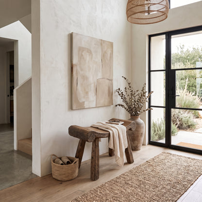 A styled interior entryway with a rustic wooden bench, a large abstract canvas painting on a textured off-white wall, a woven rattan pendant light, and a glass door leading to a garden.
