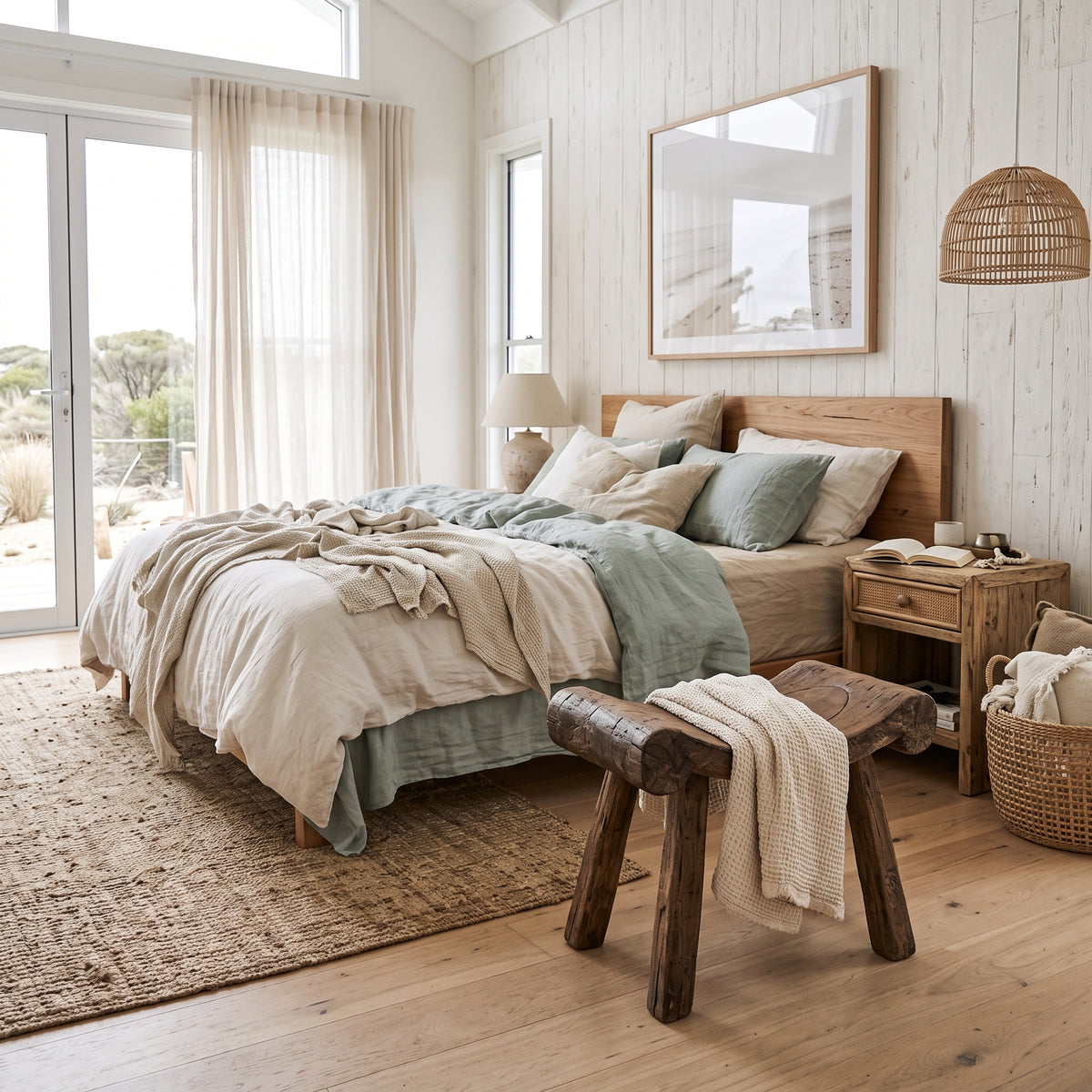 A beautifully styled coastal-themed bedroom featuring a bed dressed in neutral beige and sage green linens, a rustic wooden bench at the foot of the bed, a woven rug, and light wood paneled walls.