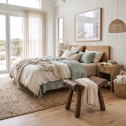 A beautifully styled coastal-themed bedroom featuring a bed dressed in neutral beige and sage green linens, a rustic wooden bench at the foot of the bed, a woven rug, and light wood paneled walls.