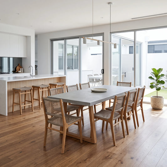 A modern dining room scene with a rectangular wood dining table and woven-back chairs, set in a bright contemporary kitchen with large glass doors and a potted plant.