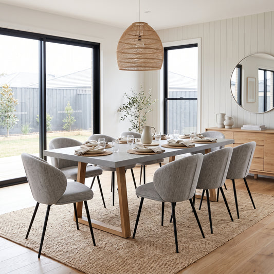 A modern dining room set featuring a rectangular gray stone-top table with a natural wood base, surrounded by eight light gray upholstered dining chairs with black metal legs. The dining area is styled with a woven jute rug, a large round mirror on a wooden sideboard, and a large wicker pendant light hanging above.