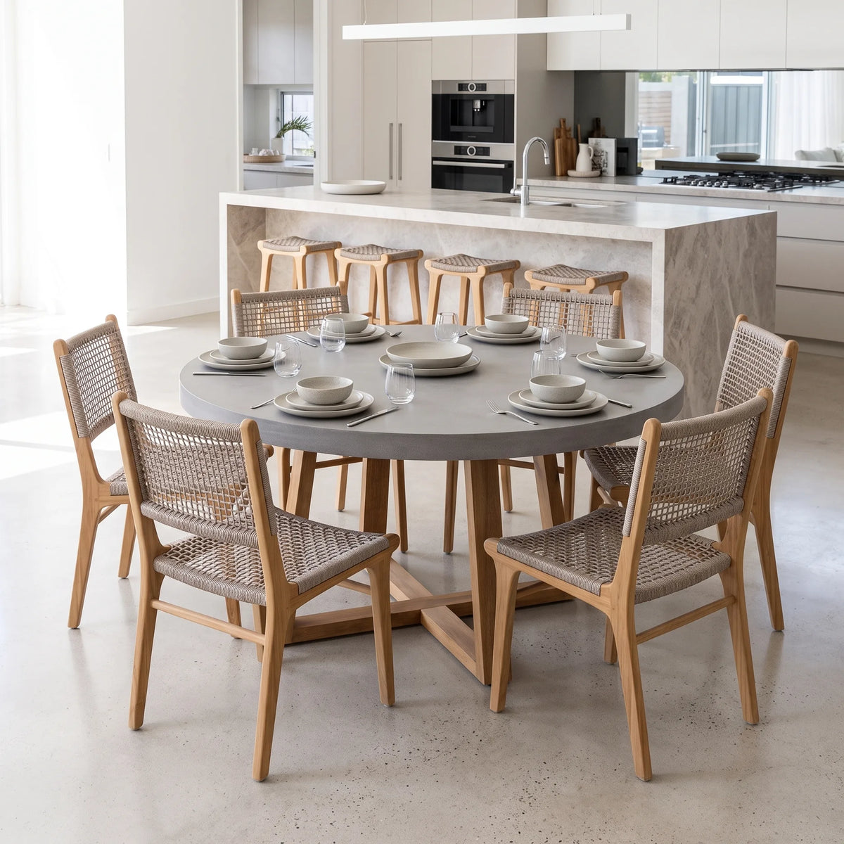 A round dining table with a gray stone-look top and light wood frame, surrounded by six matching woven-back chairs in a bright modern kitchen setting.