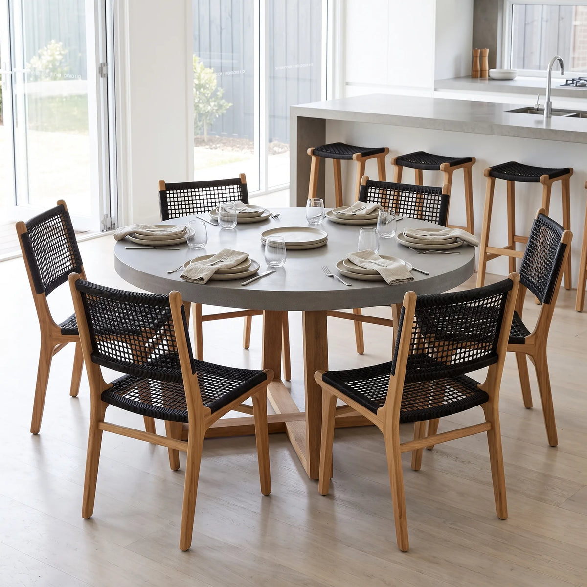A round dining table set in a bright modern kitchen, surrounded by six wooden chairs with black woven seats and backs. The table has a light gray stone or concrete top, and the chairs have light natural wood frames with black mesh-like woven seating.