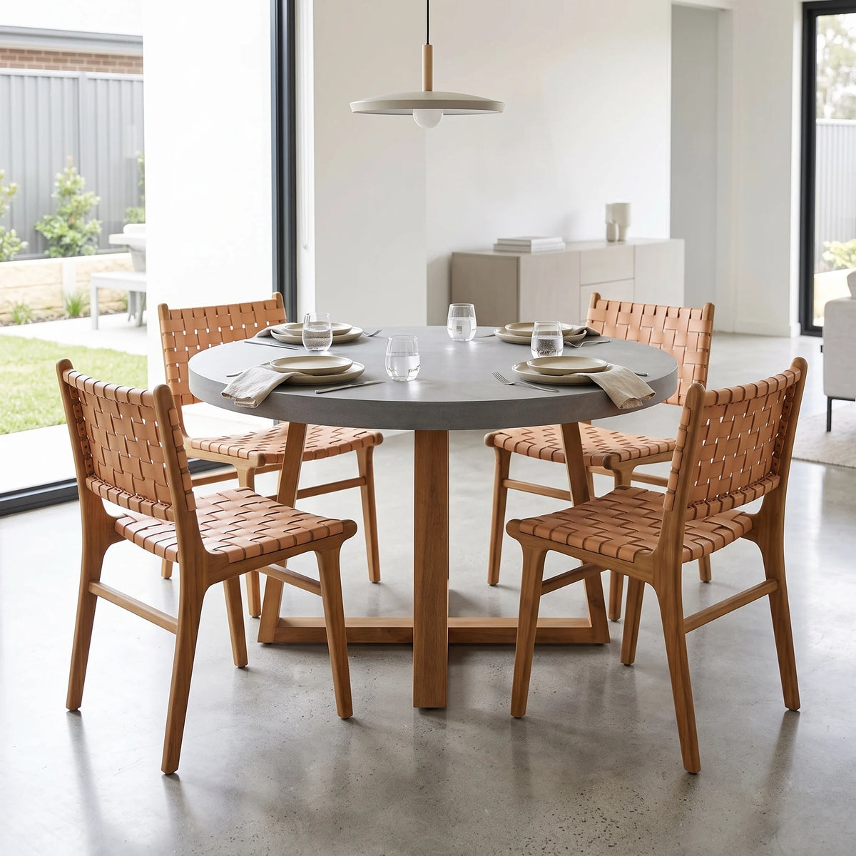 A round gray dining table with a wooden pedestal base, surrounded by four wooden chairs with woven tan seats and backs, set in a bright modern dining room.