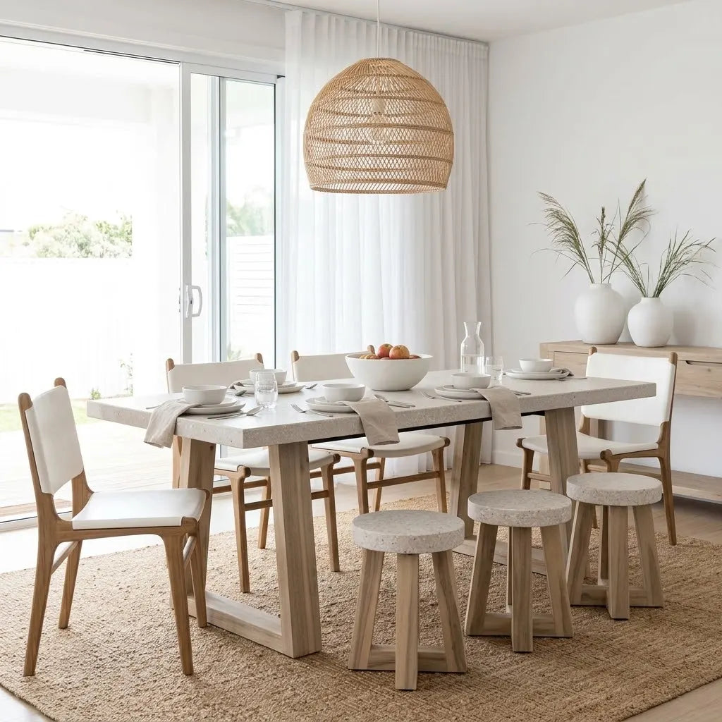 A modern dining room set featuring a rectangular light wood table with a stone-look top, four matching wooden chairs with white upholstered seats, three matching wooden stools with stone-look tops, and a large woven wicker pendant light hanging above.