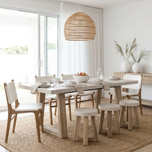 A modern dining room set featuring a rectangular light wood table with a stone-look top, four matching wooden chairs with white upholstered seats, three matching wooden stools with stone-look tops, and a large woven wicker pendant light hanging above.