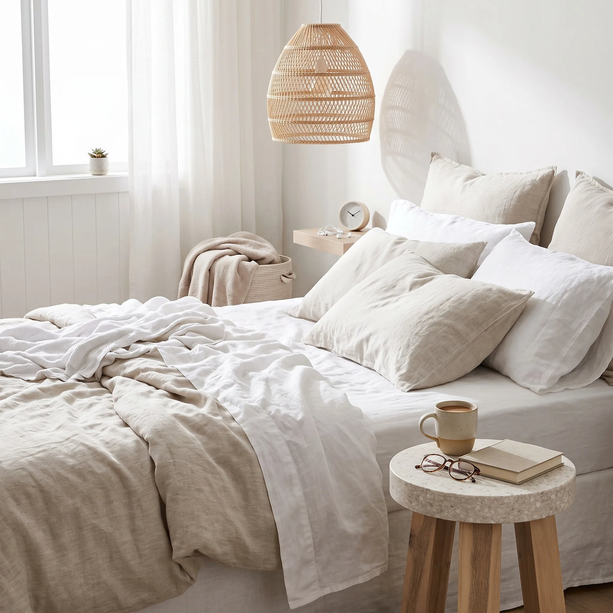 A neatly made bed with white and beige linen bedding in a bright, minimalist bedroom. A woven pendant light hangs above, and a small wooden side table holds a mug, book, and glasses.