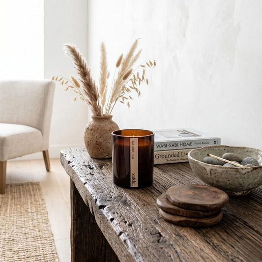 Decorative setting with a candle, bowl, and dried plants on a wooden table in a room.