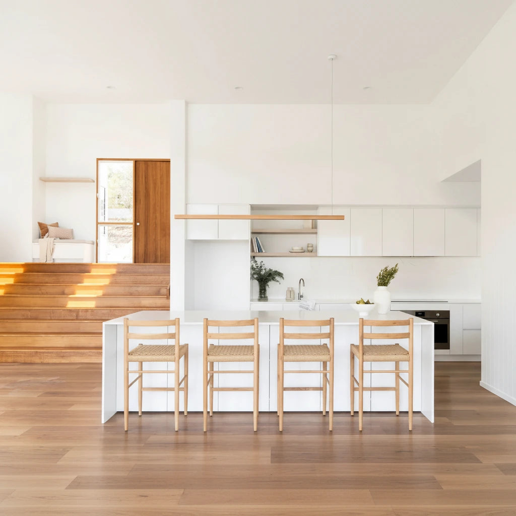 Modern kitchen with white island and wooden stools