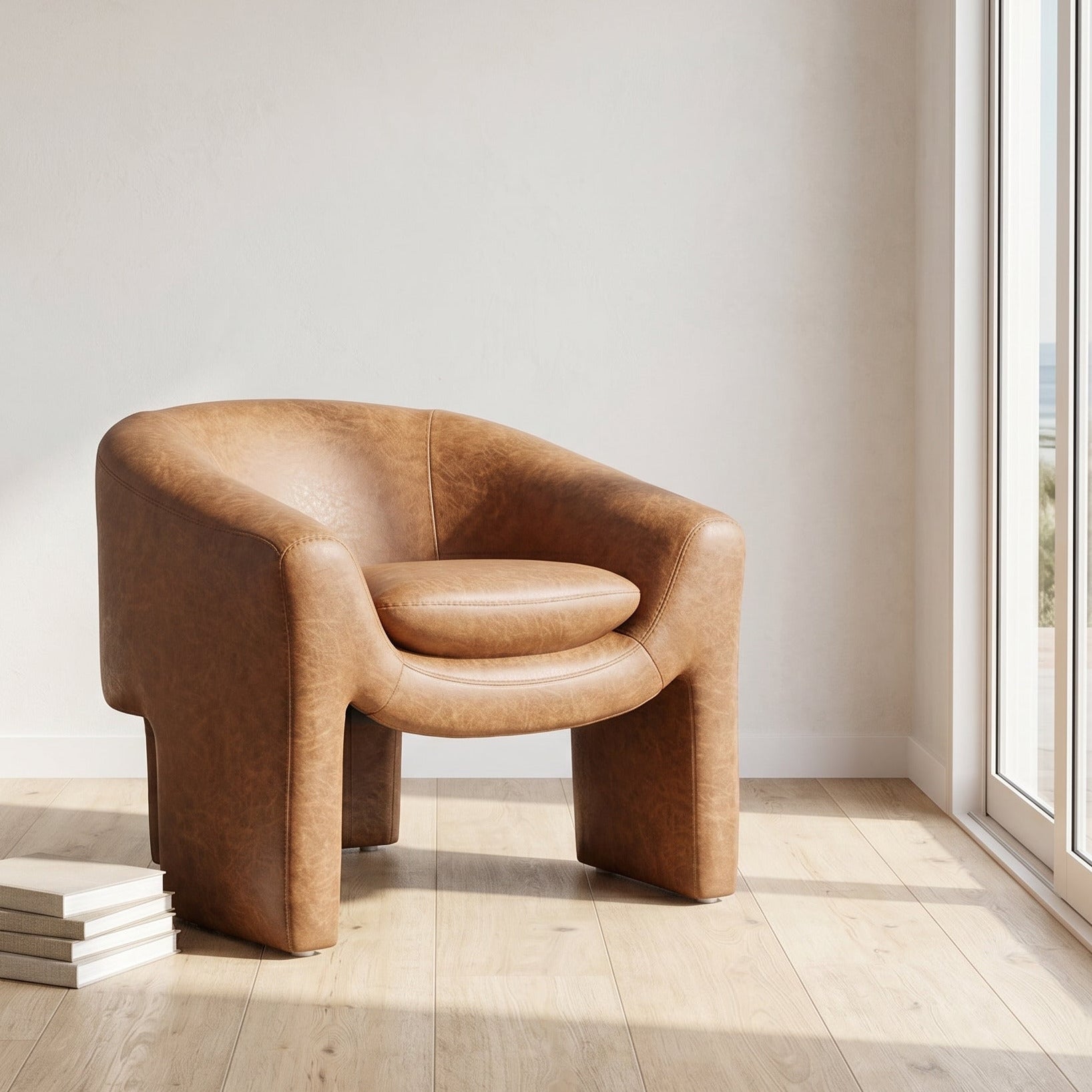 A modern barrel-style armchair upholstered in distressed tan leather, positioned on a light wood floor next to a stack of books and a large window.