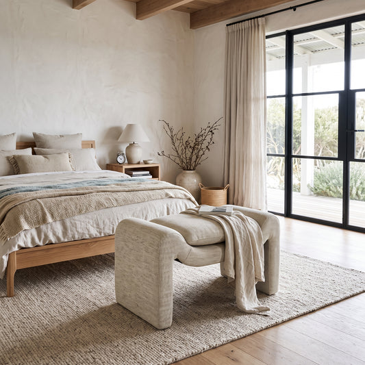 A styled bedroom interior featuring a light beige upholstered bench at the foot of a wooden bed, with neutral bedding, a woven rug, a side table, and large black-framed windows looking out to a patio.