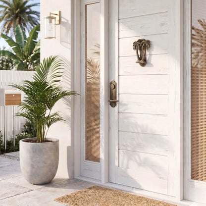 White wooden door with glass panels and a decorative knocker, flanked by potted plants.