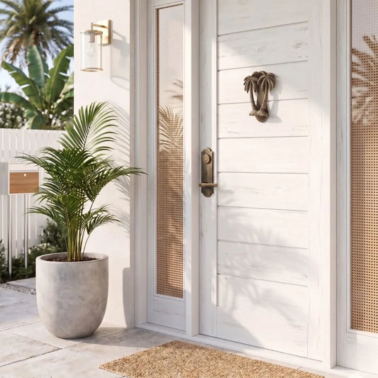 White wooden door with glass panels and a decorative knocker, flanked by potted plants.