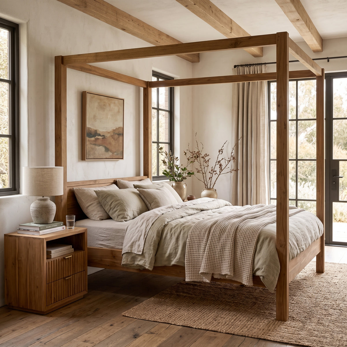 A rustic wooden four-poster bed with neutral beige bedding, styled in a bright, modern bohemian bedroom with exposed wood ceiling beams, a matching wooden nightstand, and a large window.