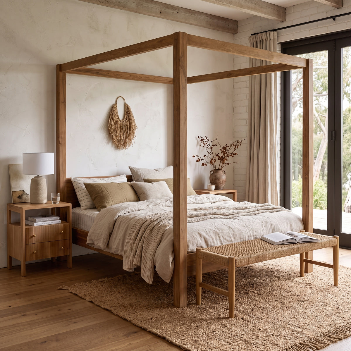 A minimalist four-poster canopy bed in light natural wood, styled in a bohemian bedroom with neutral beige bedding, a matching wooden nightstand, a woven bench, and a large jute rug.