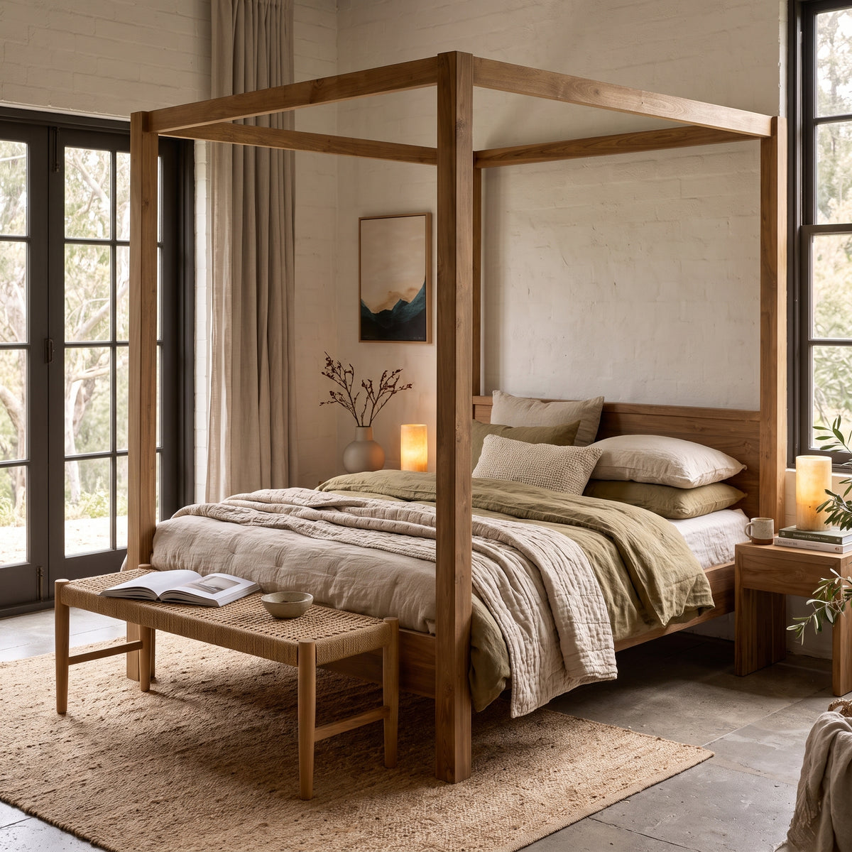 A rustic four-poster canopy bed in natural wood, styled with neutral beige and olive green bedding, set in a bright, modern bedroom with large windows and a matching wooden bench at the foot of the bed.