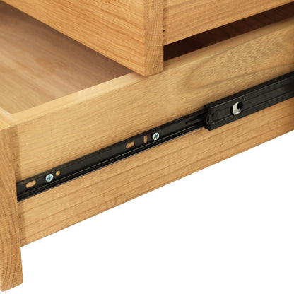 Close-up of a light oak wood drawer with a black metal slide rail mechanism partially extended, set against a plain white background.